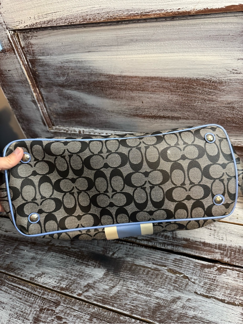 Coach Signature Tote with Blue and Cream Stripe with Wallet & Change Pouch - Picture 13 of 16